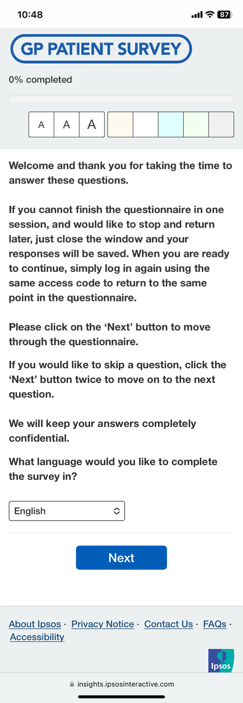 An image showing the introduction page for SMS route to online GP Patient Survey with language option An image showing the introduction page for SMS route to online GP Patient Survey with language option